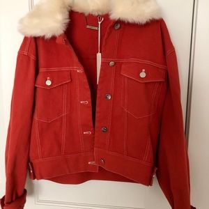 Retro style red denim jacket with faux fur collar